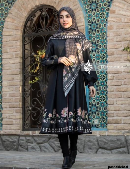 مدل مانتو مشکی با کمربند طلایی