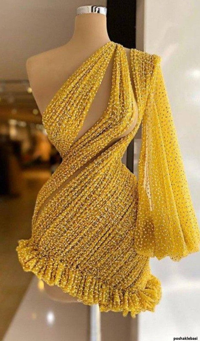 مدل لباس کوتاه مجلسی زرد